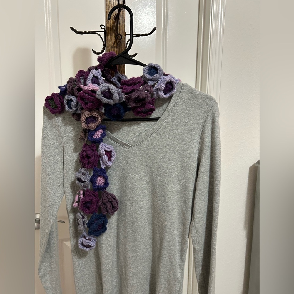 Purple Hand Crocheted Flower Scarf